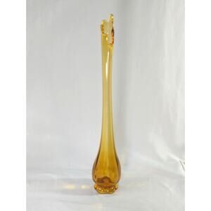 Vintage MCM Viking Amber Glass Swung Vase 6 Petal Base 17"